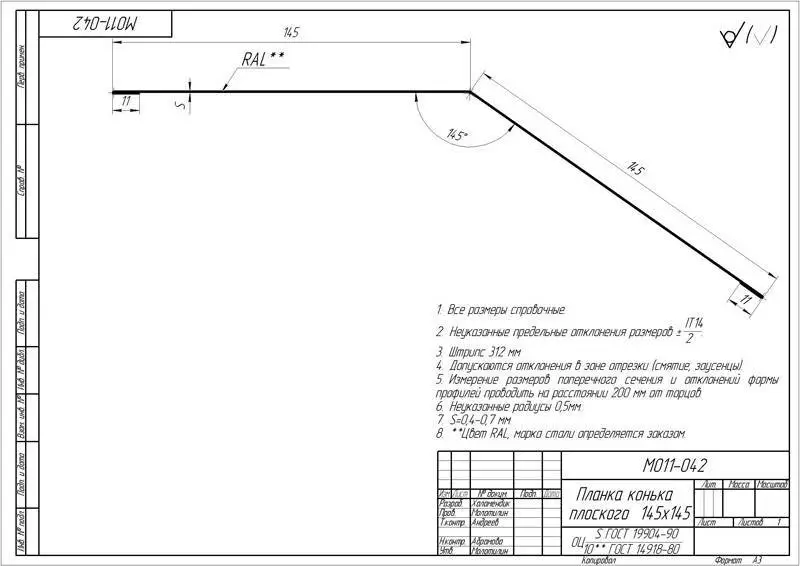 Конек плоский Grand Line (Гранд Лайн), покрытие Quarzit 0.5, 145х145 мм, цвета по каталогу RAL и RR Grand Line подробное изображение