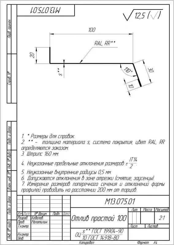 Отлив простой Grand Line (Гранд Лайн), Стальной бархат, 100 мм Grand Line подробное изображение
